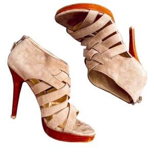 Stuart Weitzman Tan Beige Suede Criss Cross Strappy Heels Size 8.5